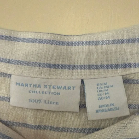 Martha Stewart Blue and White Striped Cropped Relaxes Fit Linen 3/4 Sleeve Top,M - Picture 2 of 6
